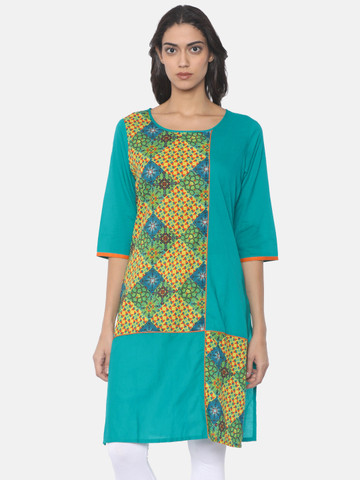 Karigari Women Green Printed A-Line Kurta