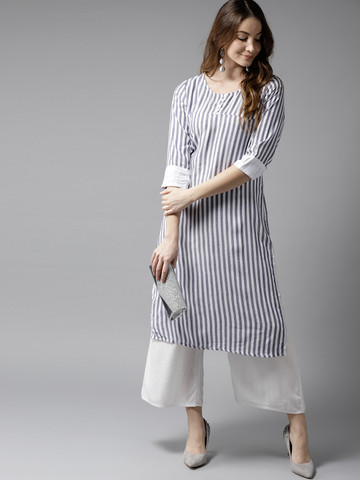 Moda Rapido Women White & Navy Striped Straight Kurta
