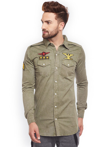 FUGAZEE Men Olive Green Slim Fit Solid Casual Shirt