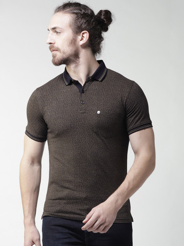 Okane Men Khaki & Navy Self-Design Polo Collar T-shirt
