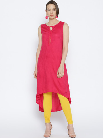 Global Desi Women Magenta Woven Design High-Low A-Line Kurta