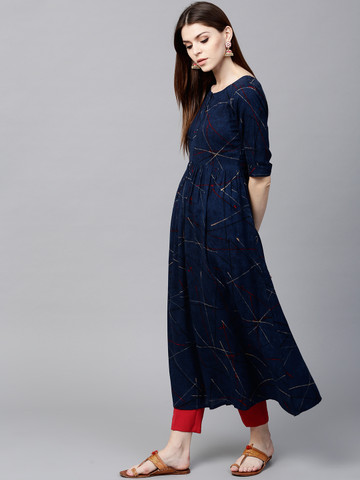 GERUA Women Navy Blue Printed A-Line Kurta