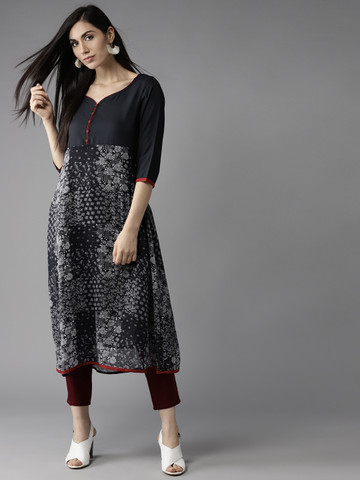 HERE&NOW Women Navy Printed A-Line Kurta