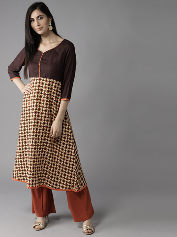 HERE&NOW Women Beige & Brown Printed A-Line Kurta