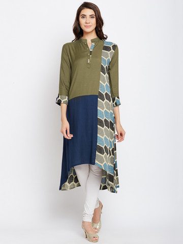 Span Women Olive Green & Navy Blue Printed Straight Kurta Span Women Olive Green & Navy Blue Printed Straight Kurta