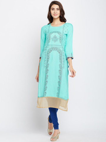 Span Women Turquoise Blue Printed Straight Kurta