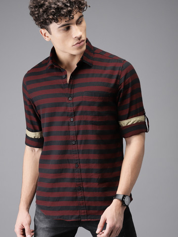 HERE&NOW Men Maroon & Black Regular Fit Striped Casual Shirt