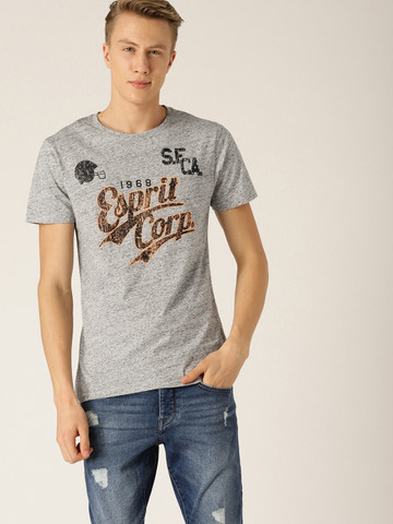 ESPRIT Men Grey Melange Printed Round Neck T-shirt