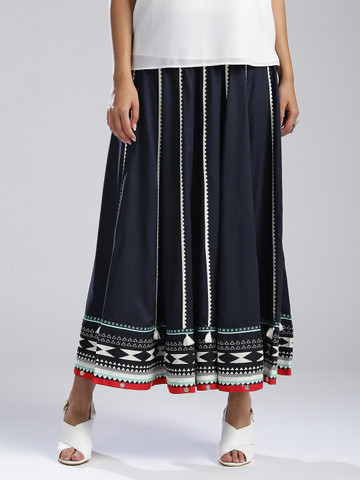 W Navy Blue & Off-White Striped Flared Maxi Skirt