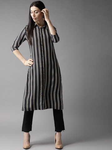 Women'S Maroon & White Self-Striped Straight Kurta main image 0