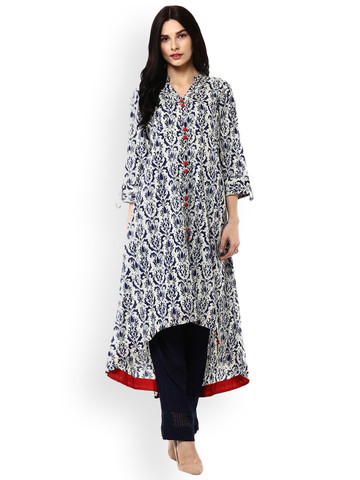 Geroo Jaipur Women Blue & White Printed A-Line Kurta