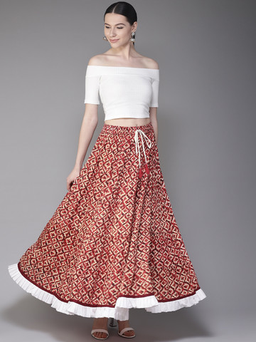 Moda Rapido Women Red & Beige Printed Maxi Flared Skirt