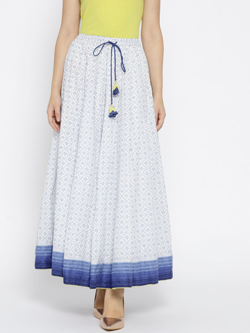 Biba Women White & Blue Printed Maxi Flared Skirt