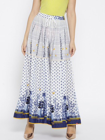 Biba Women White & Blue Printed Flared Palazzos Biba Women White & Blue Printed Flared Palazzos
