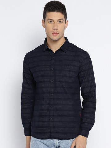LOCOMOTIVE Men Navy Blue Slim Fit Striped Casual Shirt