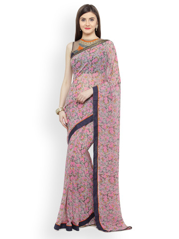 Shaily Pink & Grey Pure Georgette Embellished Saree