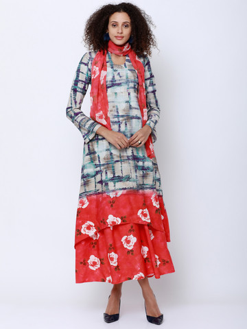 Vishudh Women White & Navy Blue Printed A-Line Kurta