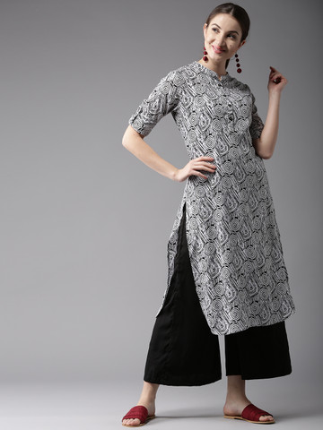 HERE&NOW Women Off-White & Black Printed Straight Kurta
