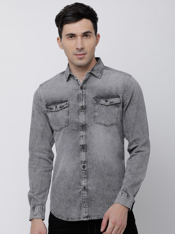 LOCOMOTIVE Men Grey Slim Fit Faded Casual Shirt