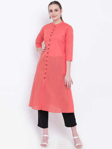 Jashn Women Peach-Coloured Solid A-Line Kurta