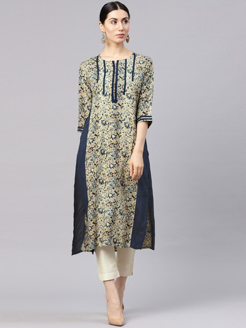 Shree Women Beige & Navy Blue Printed Straight Kurta