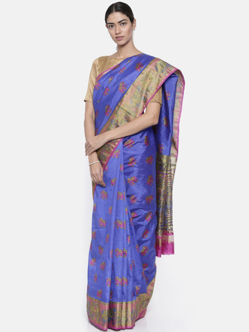 KUPINDA Blue Printed Art Silk Saree