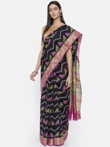 KUPINDA Black Printed Art Silk Saree