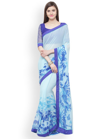 Shaily Navy Blue Printed Pure Georgette Saree
