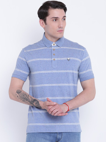 John Players Men Blue Striped Polo Collar T-shirt