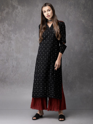 Anouk Women Black Ikat Straight Kurta
