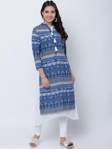 Vishudh Women White & Blue Printed A-Line Kurta