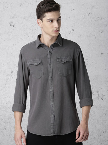 Ecko Unltd Men Grey Regular Fit Solid Casual Shirt