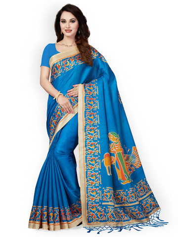 Ishin Blue Art Silk Printed Mysore Silk Saree