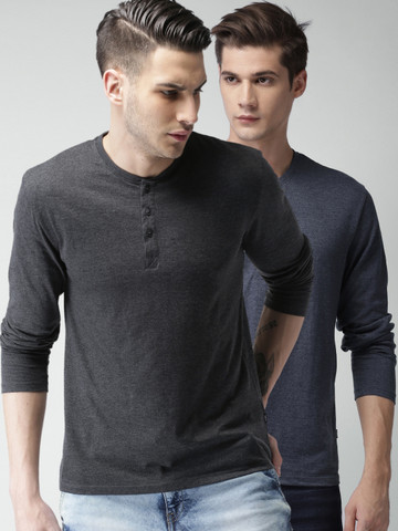 2 Solid Henley Neck T-Shirts on Myntra 