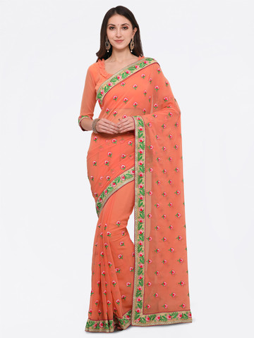 Online Fayda Orange Embroidered Pure Georgette Saree