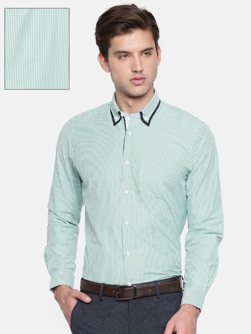 Peter England Men Green & White Slim Fit Striped Formal Shirt