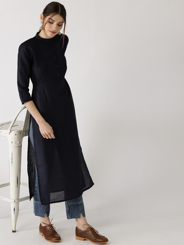 Libas Women Navy Blue Solid Straight Kurta