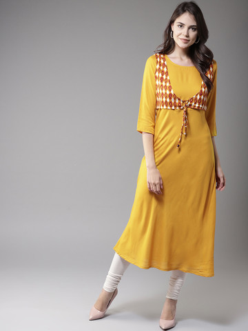 HERE&NOW Women Mustard Yellow Solid A-Line Kurta