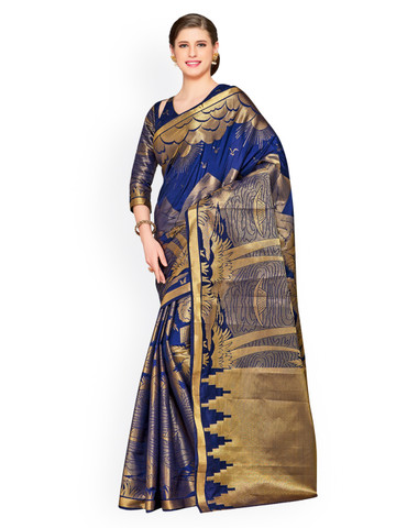 MIMOSA Navy Blue Art Silk Woven Design Kanjeevaram Saree