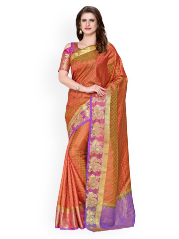 MIMOSA Rust Art Silk Embellished Kanjeevaram Saree