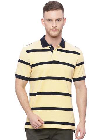Basics Men Yellow Striped Polo Collar T-shirt Basics Men Yellow Striped Polo Collar T-shirt