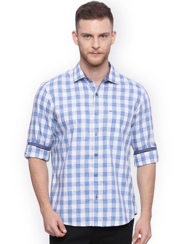 Basics Men Blue & White Slim Fit Checked Casual Shirt