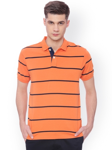 50% OFF on Basics Men Orange Striped Polo Collar T-shirt on Myntra ...