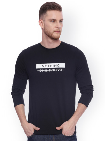 Basics Men Navy Blue Printed Round Neck T-shirt