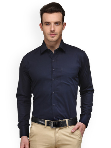 Hancock Men Navy Blue Slim Fit Solid Formal Shirt