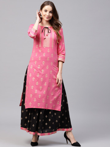Nayo Women Pink & Black Printed Kurta with Skirt Nayo Women Pink & Black Printed Kurta with Skirt