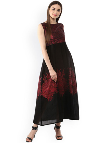 Ahalyaa Women Black & Maroon Printed Anarkali Kurta
