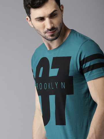 Buy HERE\u0026NOW Men Teal Blue Printed 