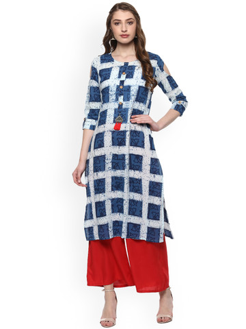 Sringam Women Blue Checked Straight Kurta