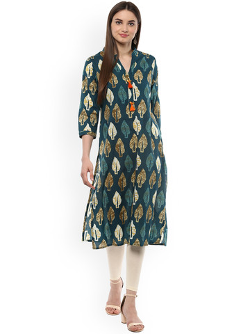 Sringam Women Teal Printed Straight Kurta